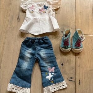 American Girl Doll White Top and Blue Jeans Set with Teal Shoes